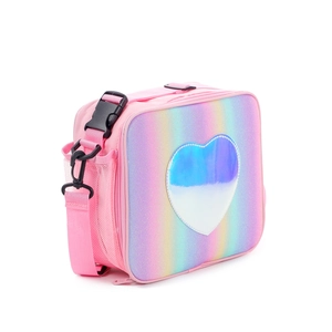 Detail of pink glitter lunch bag with holographic heart and adjustable strap