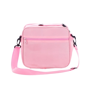 Detail view of pink lunch bag with side mesh pocket and adjustable shoulder strap