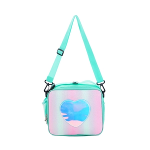 Detailed view of mint green lunch bag with pink glitter heart and adjustable strap