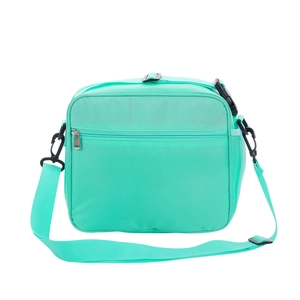 Detail of mint green insulated lunch bag with adjustable strap and side mesh pocket