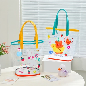 Cartoon Bear Rabbit Print Transparent PVC Jelly Handbag Portable Waterproof Swimming Storage Beach Bag For Women Girls