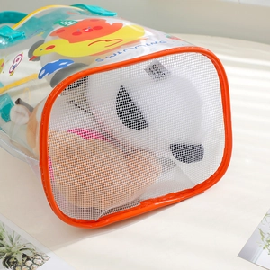 Transparent PVC swimming bag with cartoon bear print and mesh detail for beach use