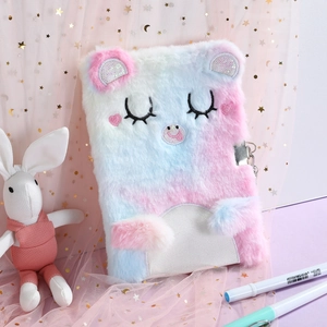 Plush cartoon cat diary with lock and key featuring gradient pastel faux fur cover
