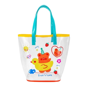 Transparent PVC tote bag with blue handles and cute cartoon bear beach theme patterns