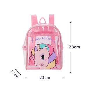Detail view of pink transparent PVC unicorn backpack showing dimensions 28x23x11cm