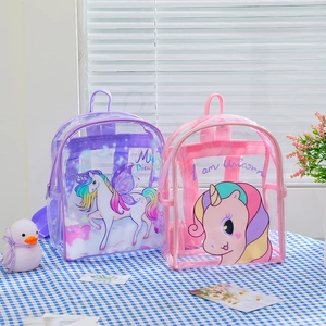 Transparent PVC unicorn backpacks in pink and purple colors for young children