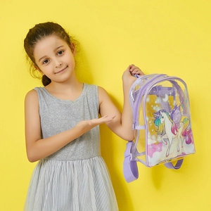 Detail of transparent purple unicorn backpack showing the cute cartoon print on PVC
