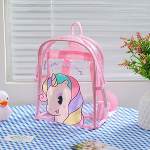 Detail view of pink transparent unicorn backpack with adjustable straps and top handle