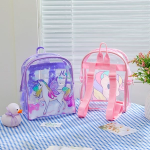 Detail of transparent unicorn backpacks with waterproof PVC and adjustable straps