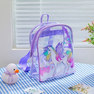 Detail of purple transparent unicorn backpack with butterfly wings and Magic Dreams text