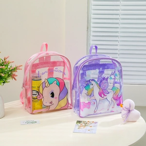 Transparent PVC Unicorn Kids Backpack Cute Cartoon Schoolbag For Girls Kindergarten Waterproof Lightweight Casual Bookbag