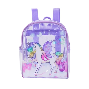 Close-up of the waterproof purple transparent PVC material and the unicorn design