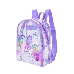 Detailed side view of purple transparent PVC unicorn backpack with Magic Dream print