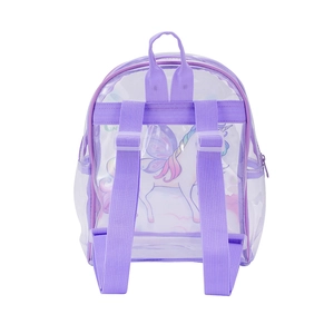 Rear view of purple transparent PVC unicorn backpack showing adjustable fabric straps