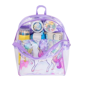 Detailed view of clear PVC unicorn backpack filled with colorful school stationery items