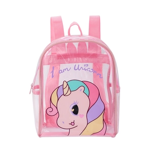Pink transparent PVC unicorn backpack for girls with cartoon print and top handle