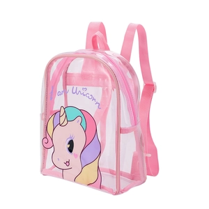 Detailed view of pink PVC unicorn backpack with adjustable straps and cartoon print