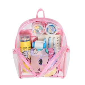 Detailed view of pink unicorn clear PVC backpack showing capacity for school supplies