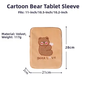 Detailed size chart for bear embroidery laptop sleeve showing 28x21x2cm dimensions