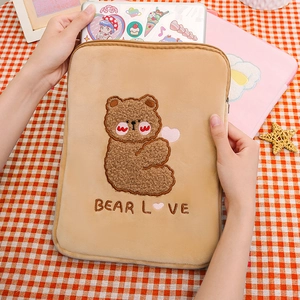 Cute teddy bear embroidery plush tablet sleeve for iPad 11 inch with soft lining