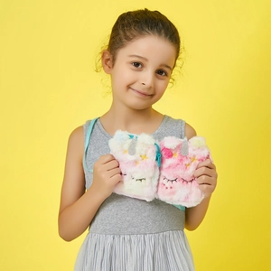 Cute plush unicorn crossbody bag for girls with soft fur and shiny horn detail