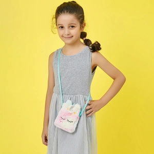 Plush unicorn crossbody bag for kids with rainbow fur, silver horn and blue strap