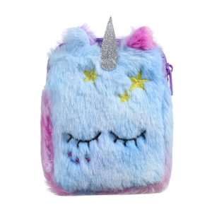 Detailed close-up of plush unicorn crossbody bag with silver horn and star embroidery