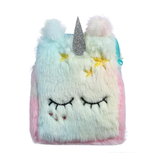 Macro detail of plush unicorn shoulder bag with rainbow gradient faux fur and embroidery