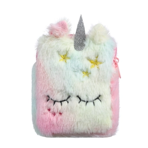 Plush unicorn crossbody bag for girls with pastel gradient colors and sequins