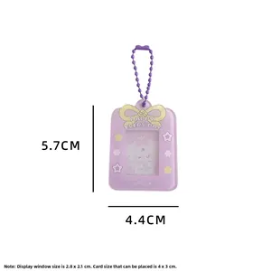 Detail of purple cartoon photo frame keychain with bow design and size specifications