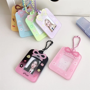 Cute Bow Acrylic Card Holder Keychain For ID Photo Storage Student Photocard Sleeve Protector With Ball Chain For Girls