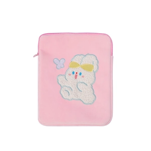 Pink plush iPad sleeve with cute white bunny embroidery and secure zipper closure
