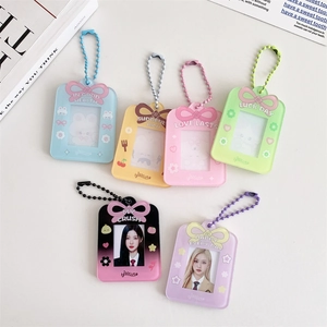 Set of 6 colorful acrylic photo card holders with bow details and bead chain straps