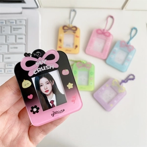 Transparent acrylic photocard holder with cartoon bow and bead chain keychain