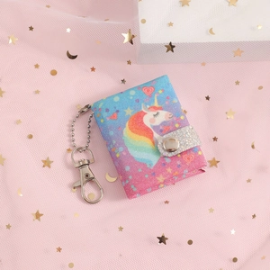 Mini unicorn glitter notebook keychain with pink blue gradient and secure metal snap closure