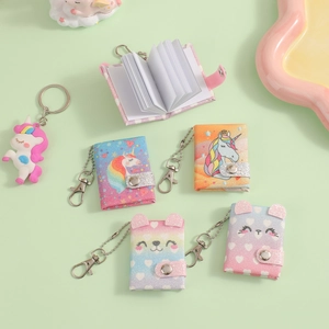 Mini cartoon unicorn notebook keychain with glitter fabric cover and metal clip