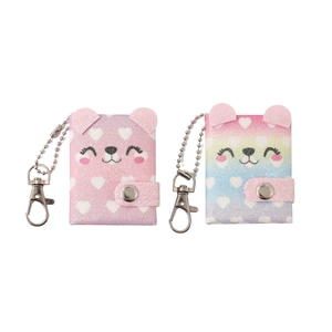 Cute sequin bear-shaped mini keychain pouch with heart patterns in pink and rainbow colors