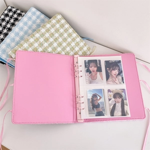 Pink A5 woven plaid photocard binder with 6 rings and transparent 4-pocket sleeves