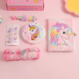 Plush unicorn notebook set with pink fluffy bag, multi-color pen and hair accessories