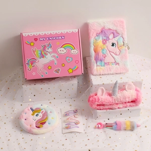 Cute pink plush unicorn notebook stationery set and accessories in a luxury gift box