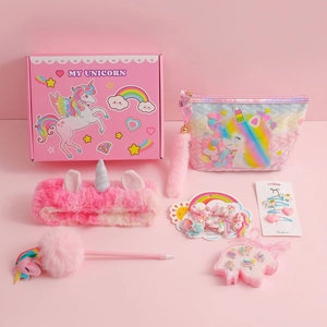 Pink unicorn stationery and accessories gift set with plush bag and notebook