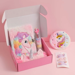 Unicorn plush stationery gift set with notebook, coin purse, headband, and hair clips