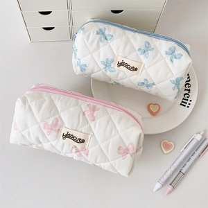 Quilted bow pencil case set in blue and pink for cute stationery organization