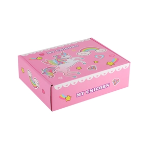 Rosa Einhorn-Geschenkbox mit Aufdruck und Regenbogen-Motiven für Schreibwaren-Set