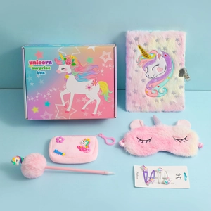 Kids unicorn stationery gift set with plush diary, eye mask and purse in a decorative box