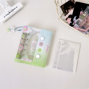Detail of a 3-hole mini clover photocard binder with blue-green gradient and floral design