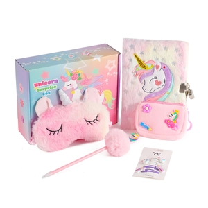 Plush unicorn stationery set with notebook, eye mask and purse in a gift box