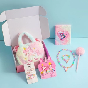 Plush unicorn diary gift set with rainbow bag and beaded jewelry accessories
