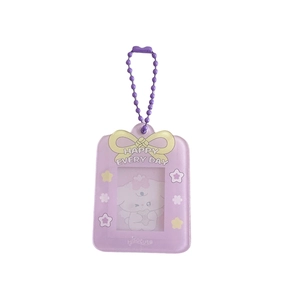 Purple acrylic cartoon dog photo frame keychain with bow and bead chain for girls
