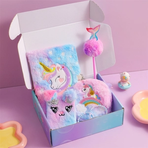 Plüsch-Einhorn-Notizbuch und Schreibwaren-Geschenkset für Mädchen in Pastellfarben
